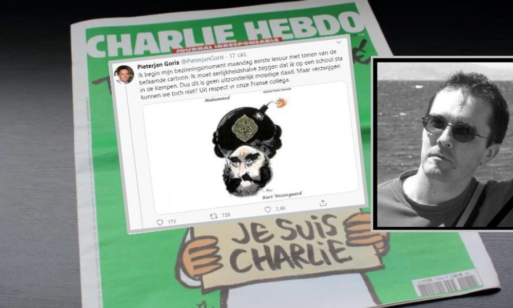 Φλαμανδός δάσκαλος δείχνει τα σκίτσα του Μωάμεθ εις μνήμην του Γάλλου συναδέλφου του